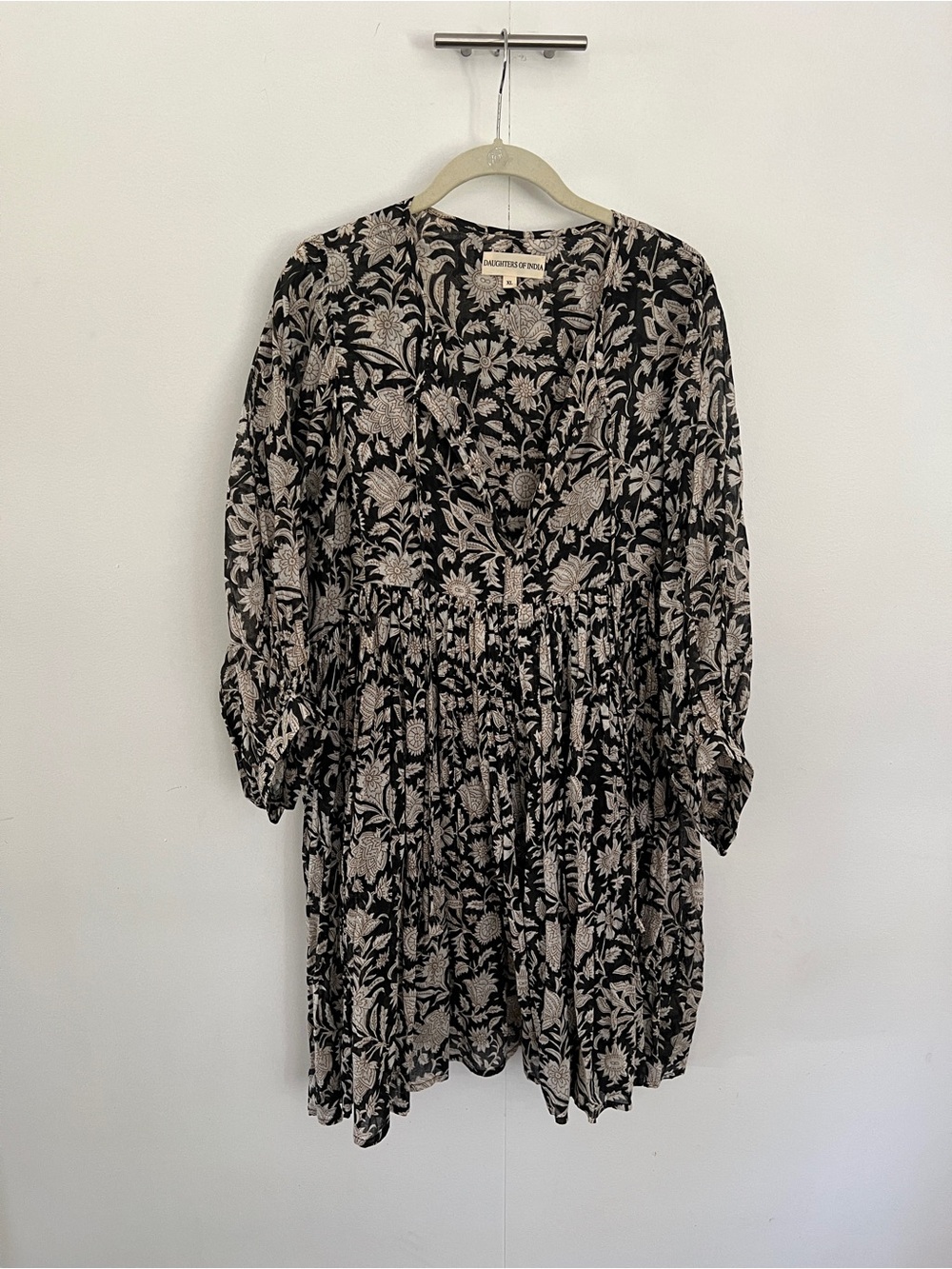 Daughters of India Cotton Floral Tiered Long-Sleeve Dress in Black and Cream